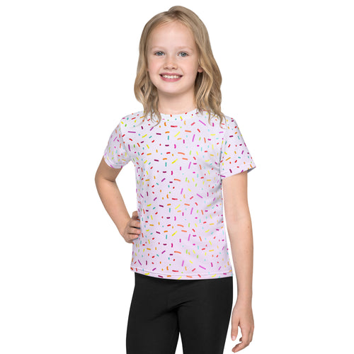 Girls colorful sprinkles t-shirt white short-sleeved cotton with playful multicolored sprinkle pattern for casual wear