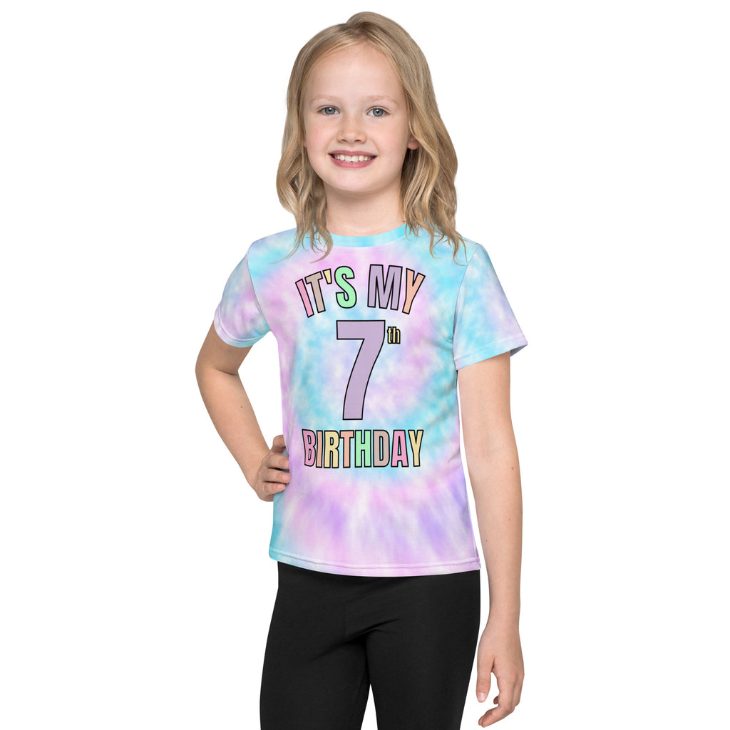Girls faux tie dye pastel kids t-shirt with colorful playful its my 7th birthday print for birthday celebrations