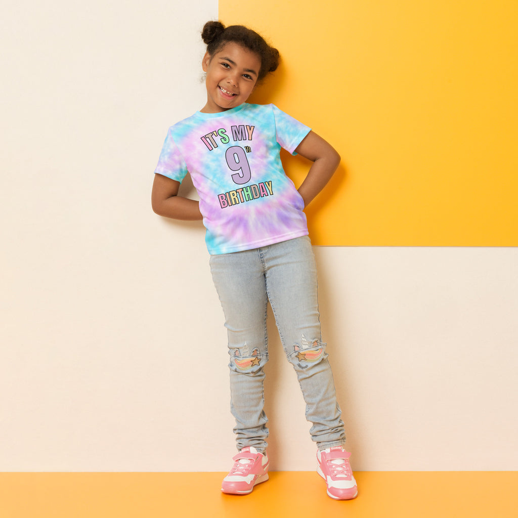 Girls faux tie dye birthday t-shirt with vibrant blue and purple hues and colorful its my 9th birthday print