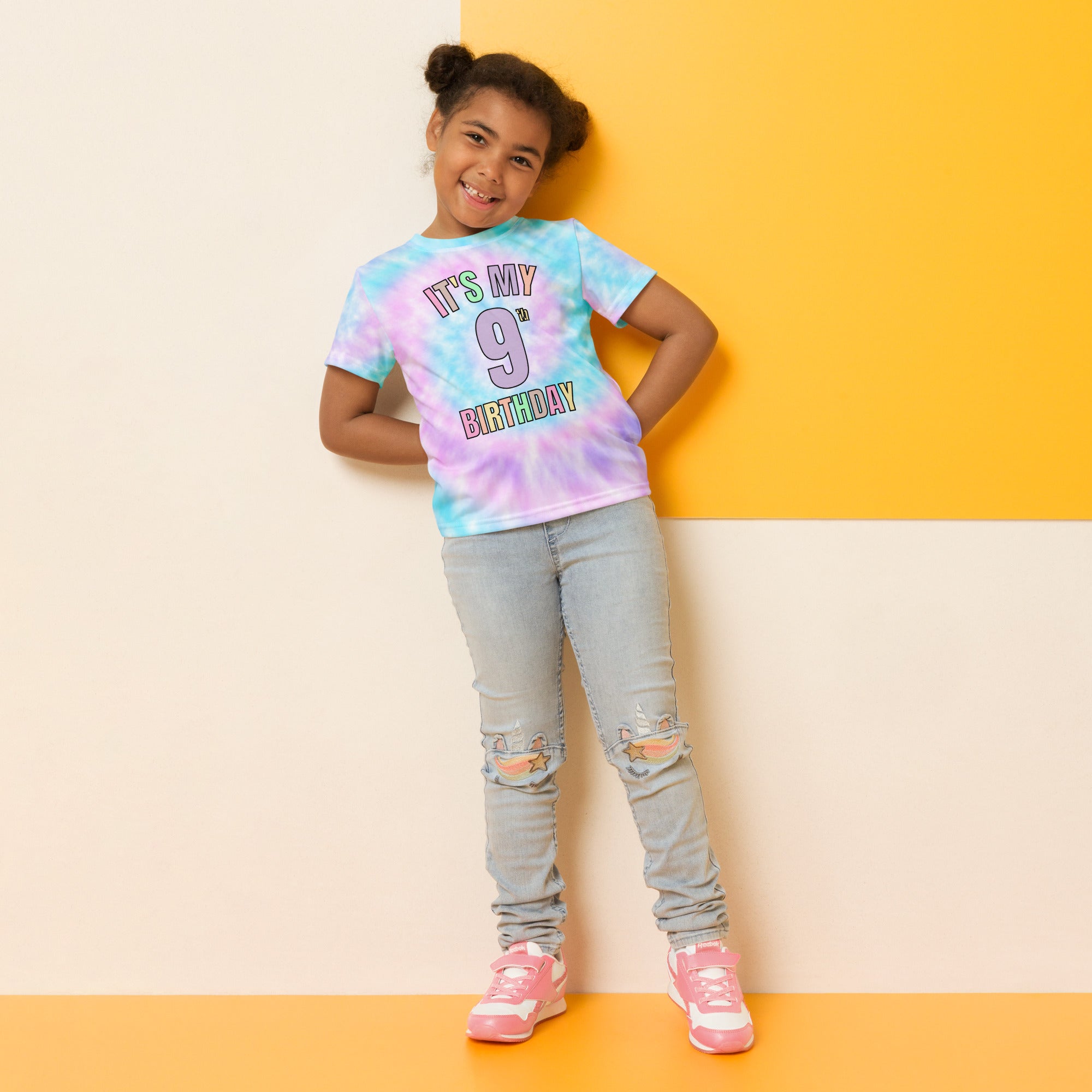 Girls faux tie dye birthday t-shirt with vibrant blue and purple hues and colorful its my 9th birthday print