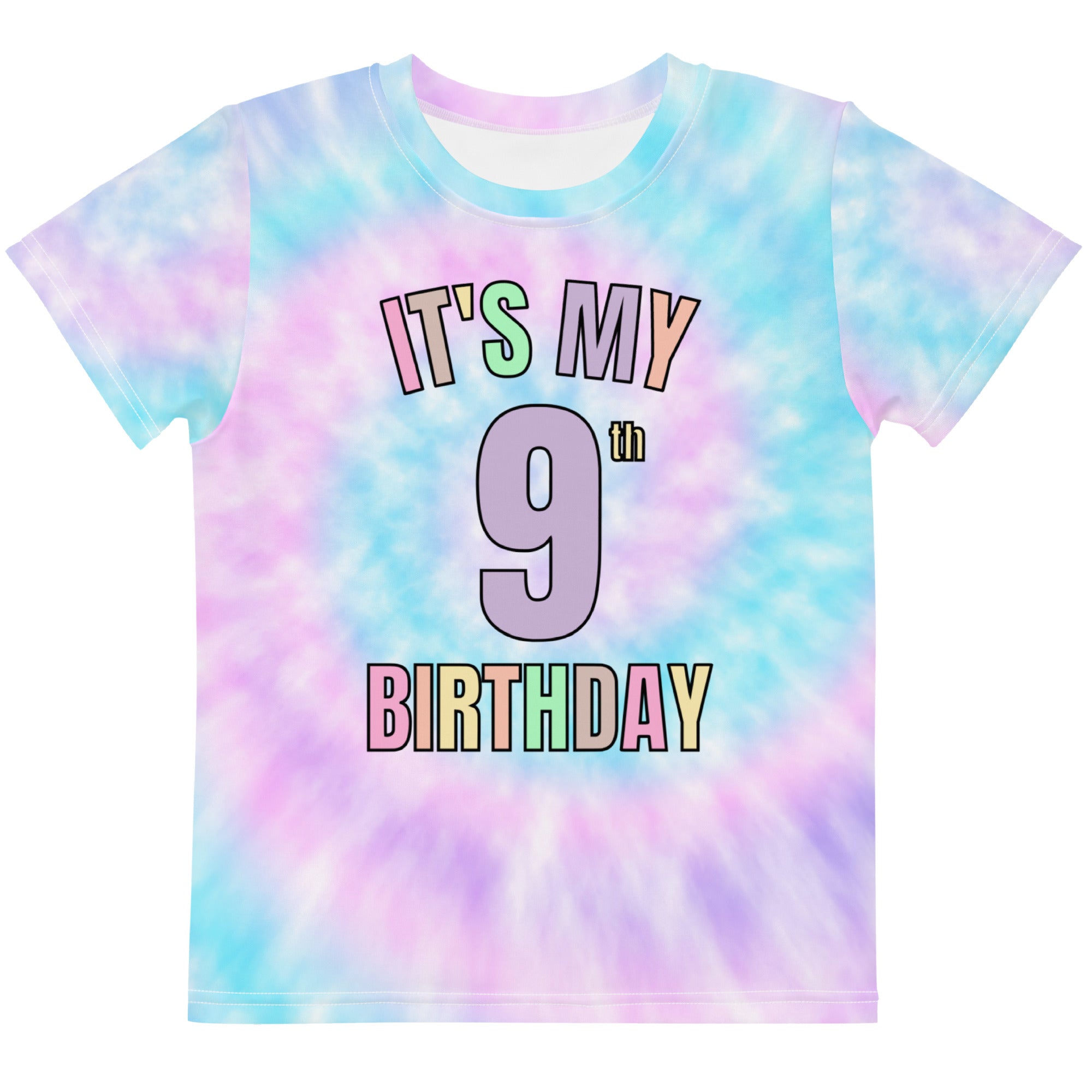 Girls faux tie dye birthday t-shirt featuring a colorful its my 9th birthday graphic in pastel pink blue and purple