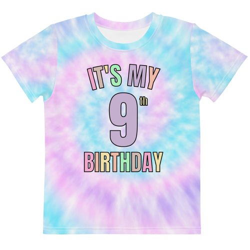 Girls faux tie dye birthday t-shirt featuring a colorful its my 9th birthday graphic in pastel pink blue and purple