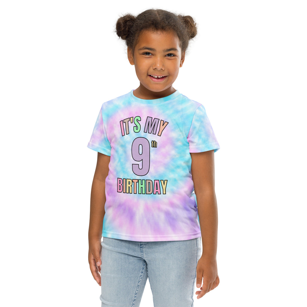 Girls faux tie dye birthday t-shirt with vibrant rainbow its my 9th birthday graphic in colorful lettering
