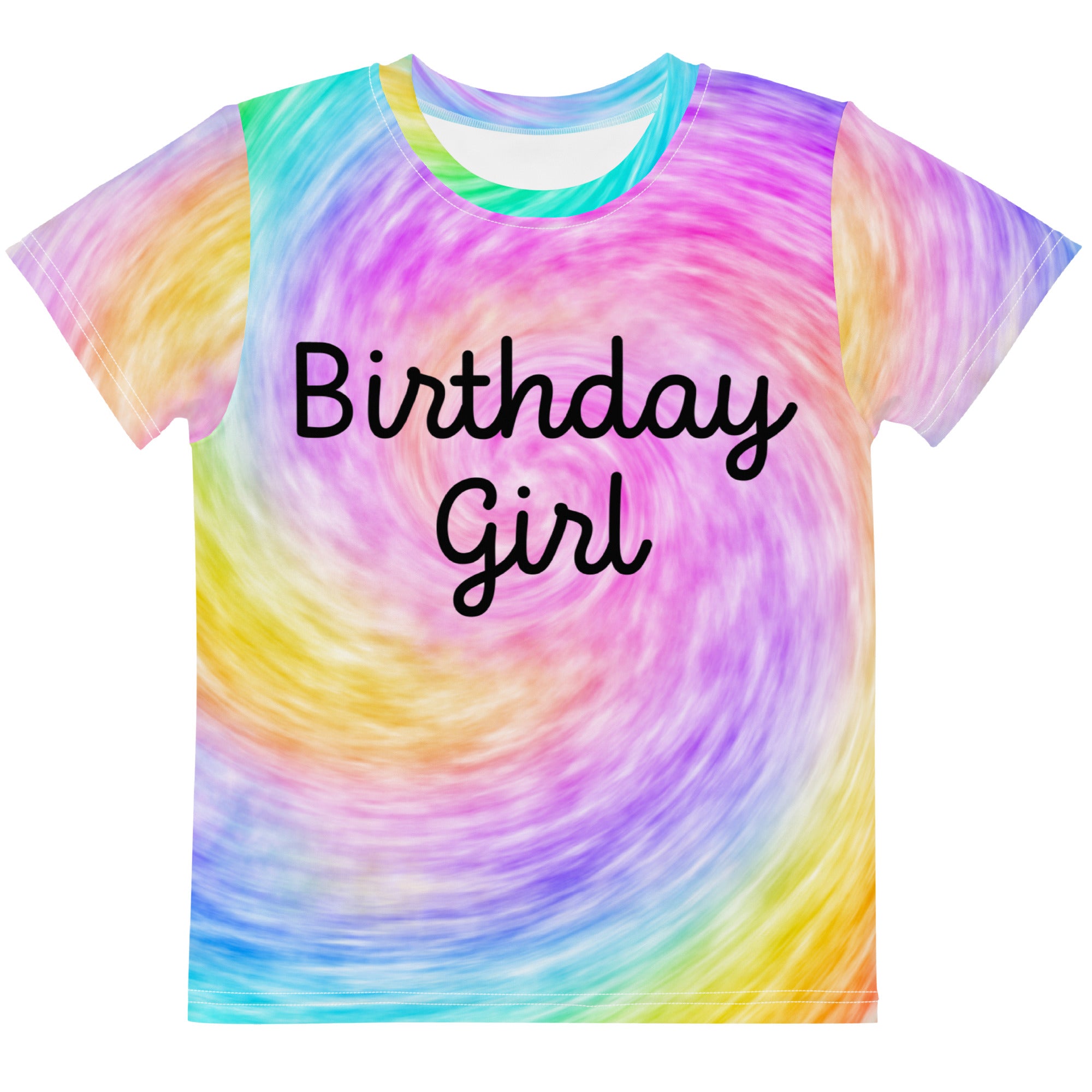 A vibrant rainbow tie dye girls t-shirt with birthday girl printed in black cursive font on the chest