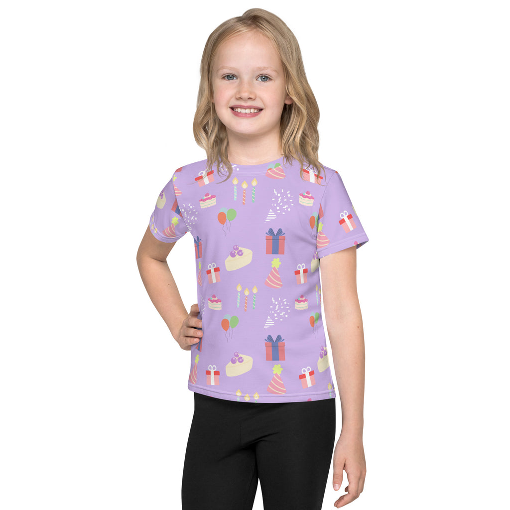 Girls birthday pattern t-shirt in lavender with short sleeves and playful birthday-themed cake present and balloon prints