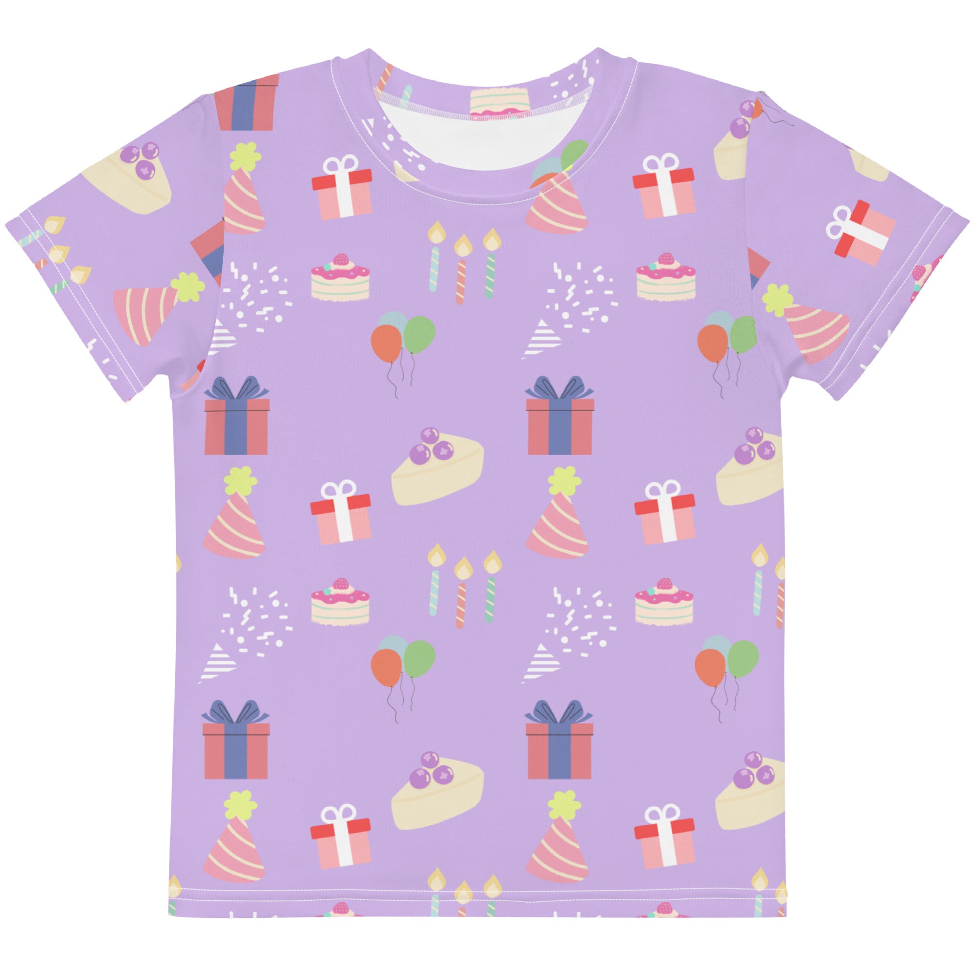 Girls birthday pattern t-shirt lavender short-sleeved cotton tee with playful birthday cakes hats gifts and balloons print
