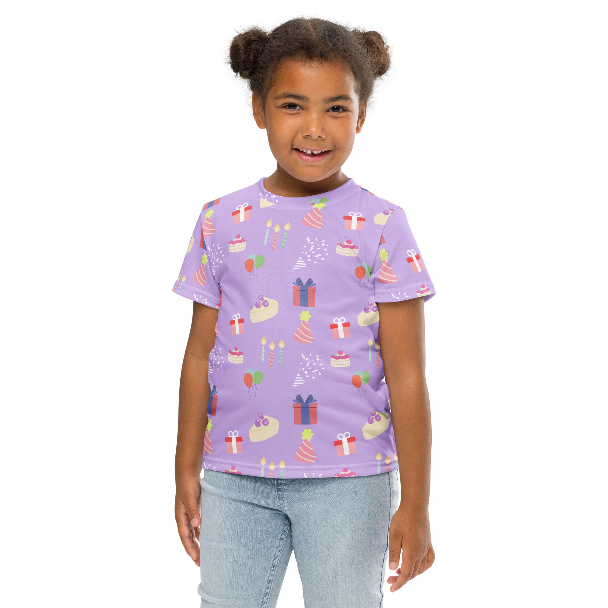 Girls birthday pattern t-shirt lavender cotton with playful all-over birthday cakes presents and balloons print