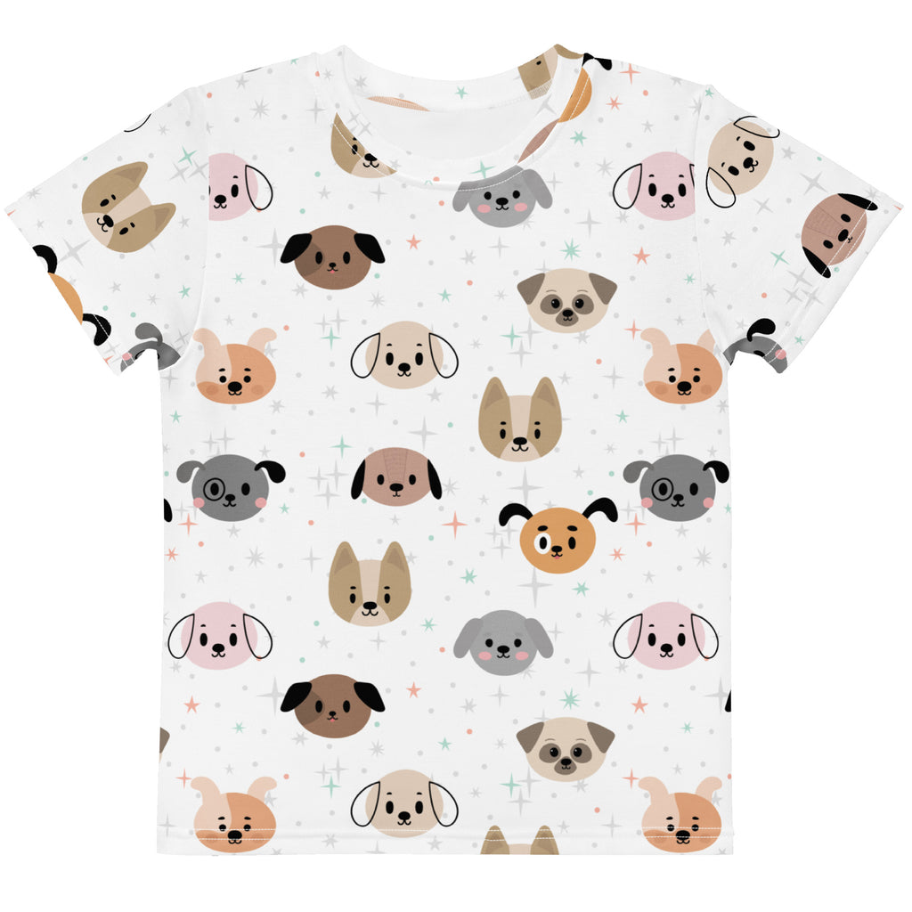 White kids short-sleeved t-shirt with playful all-over cartoon dog faces in beige brown gray and pink tones