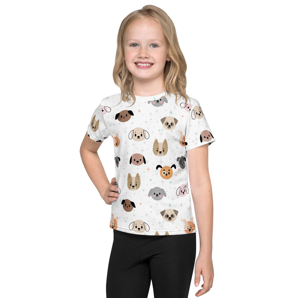 Kids dog face t-shirt white short-sleeved cotton tee with colorful cartoon dog pattern for children