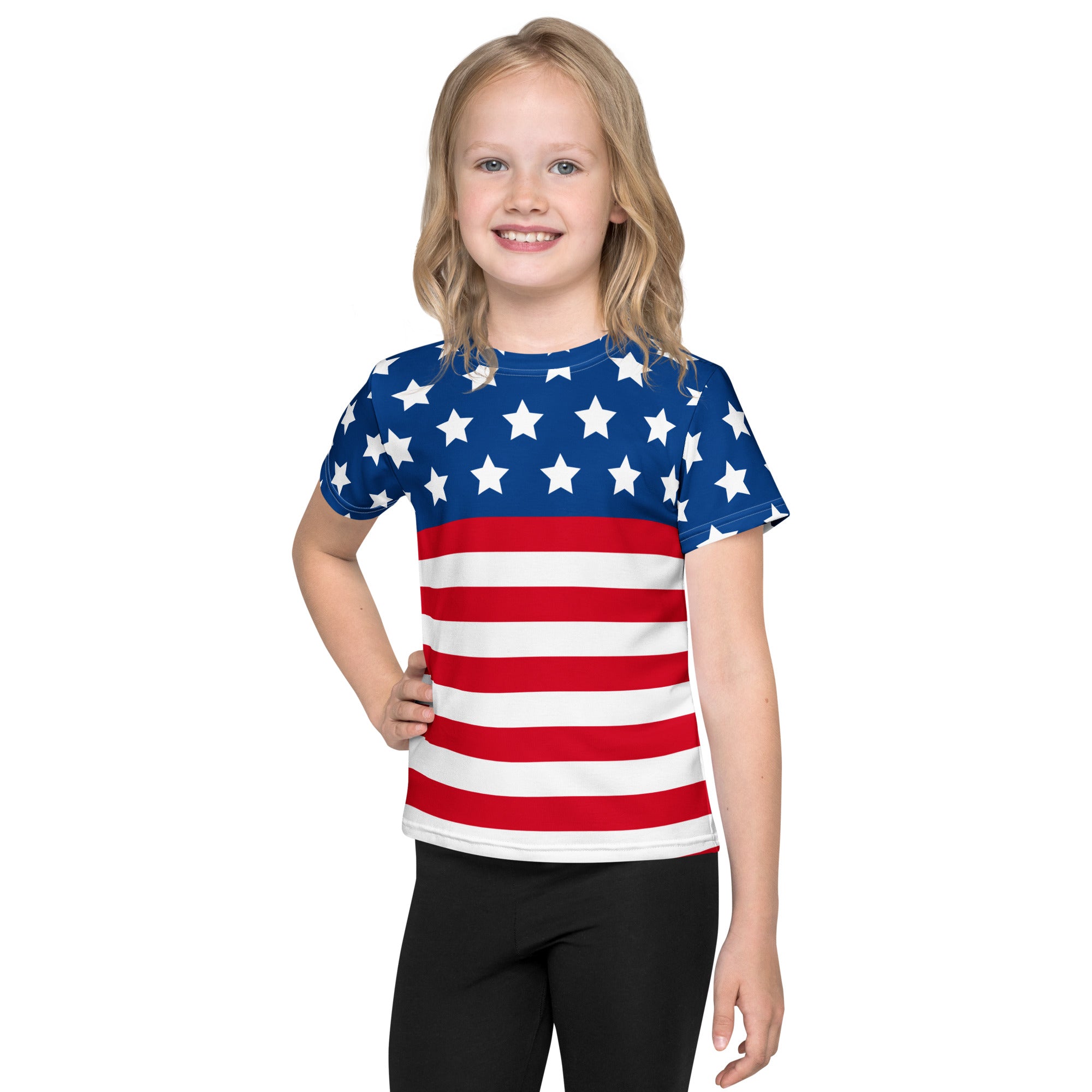 Kids american flag t-shirt with full-body blue red and white print on short-sleeve cotton fabric