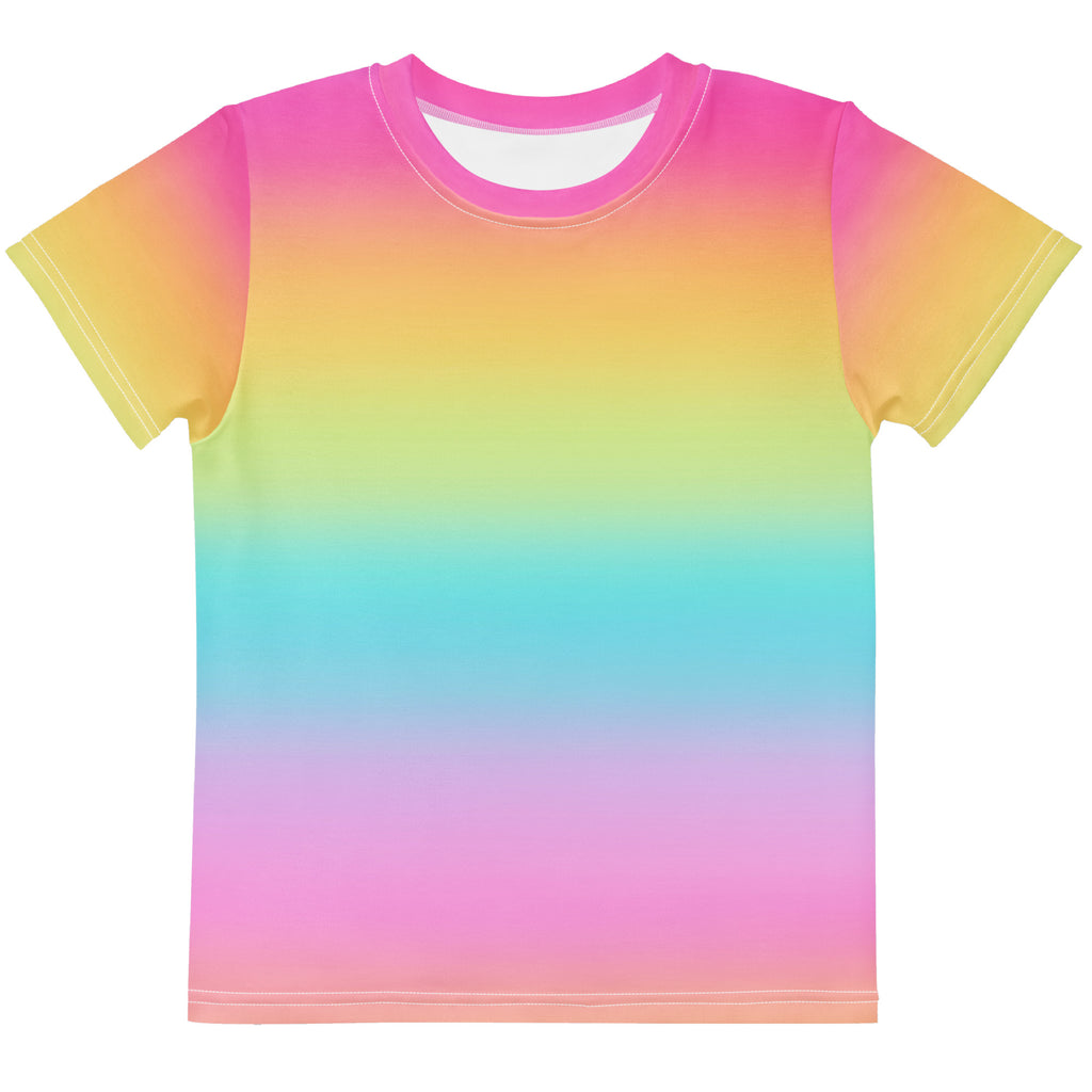Girls bright rainbow t-shirt with vibrant gradient colors soft smooth fabric and rounded neckline