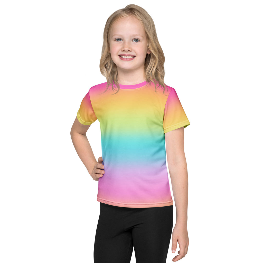 Girls bright rainbow t-shirt with short sleeves and soft smooth fabric in a vibrant rainbow gradient design
