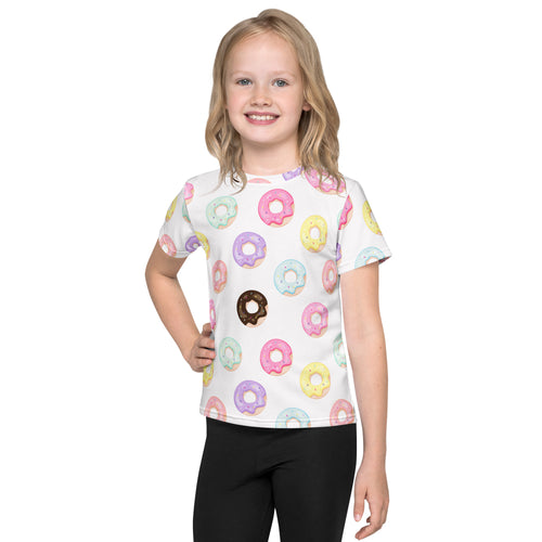 Girls donut print t-shirt white short-sleeved with colorful pastel donut all-over print and chocolate accents