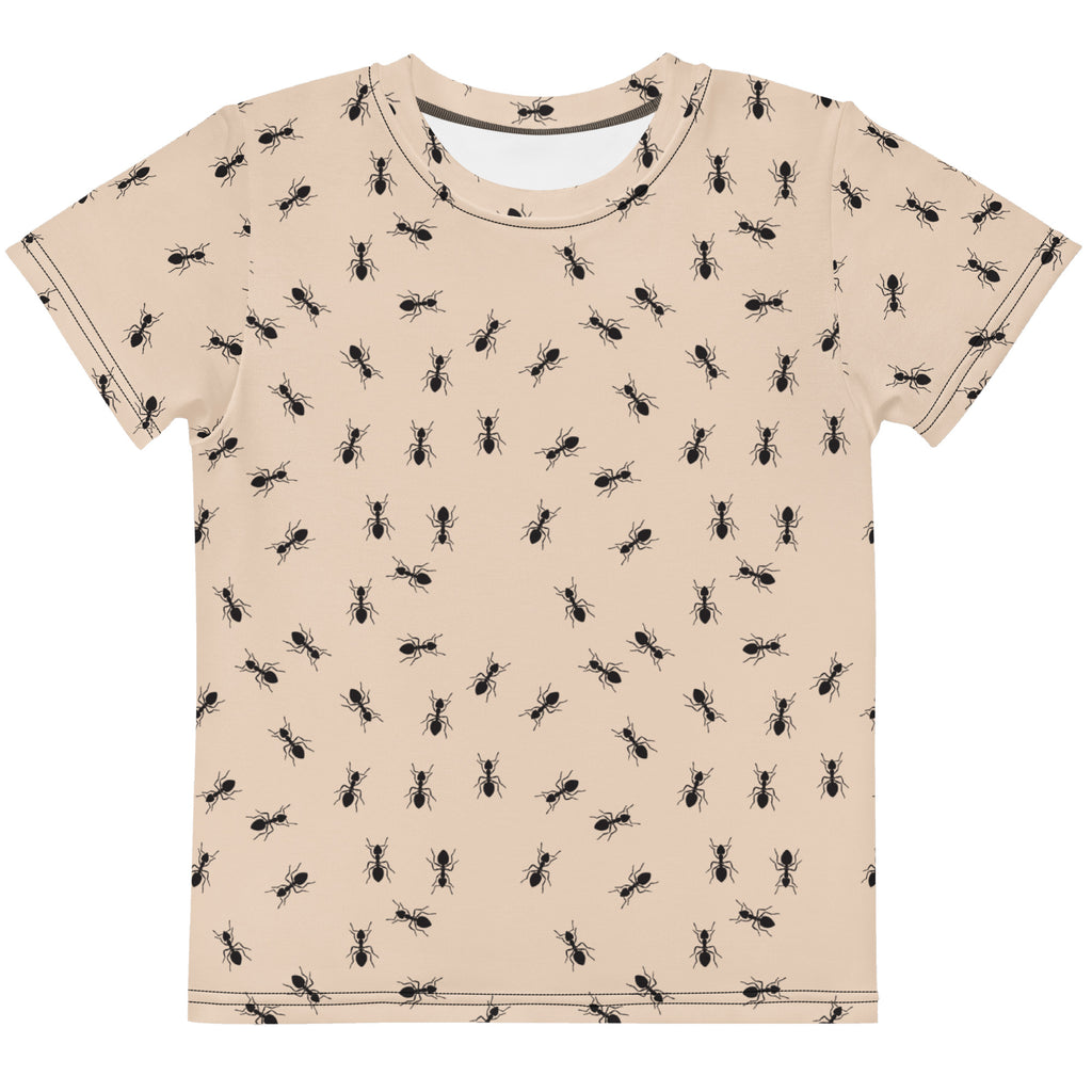 Beige kids short-sleeved t-shirt with black ant silhouette print perfect for casual wear
