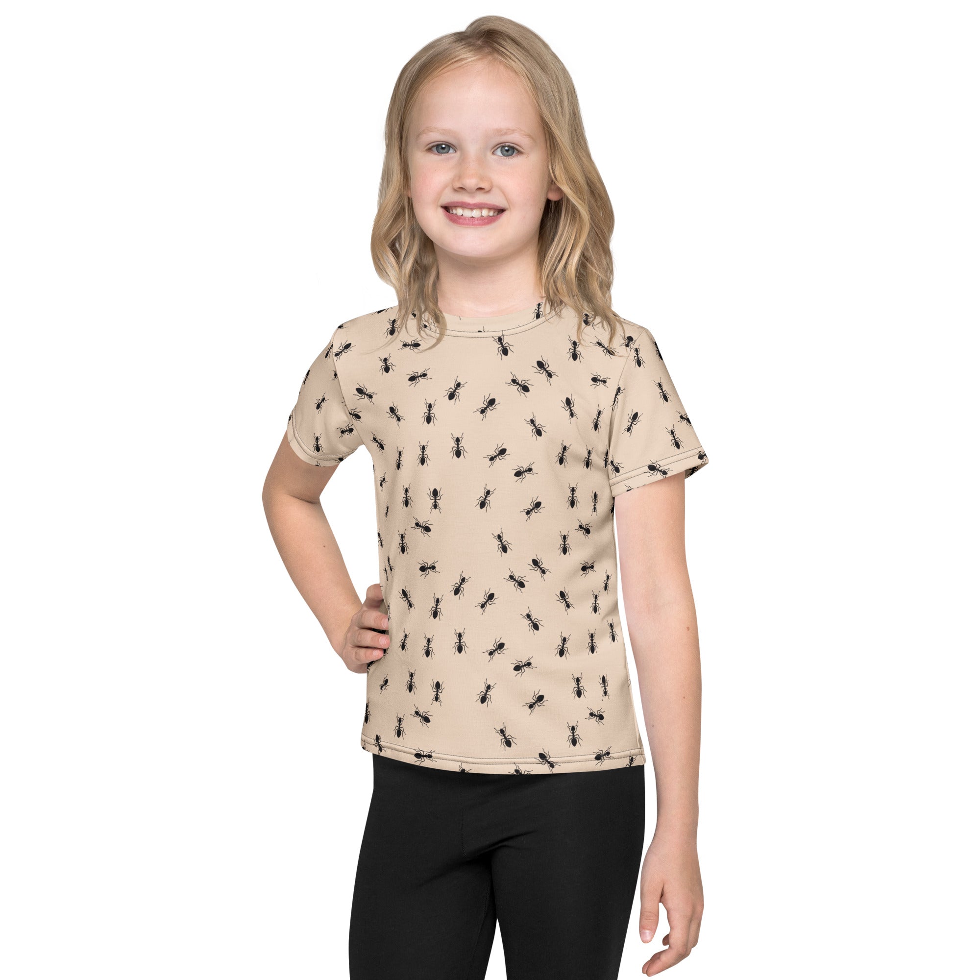 Beige kids short-sleeved cotton t-shirt with a black ant print perfect for casual wear and playtime