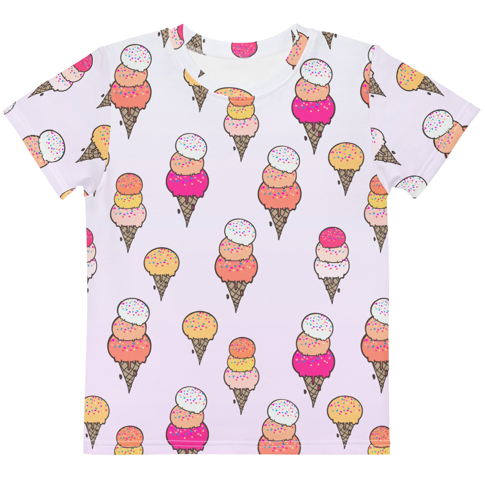 Girls ice cream cone t-shirt white cotton with playful all-over print of colorful cartoon ice cream cones and sprinkles