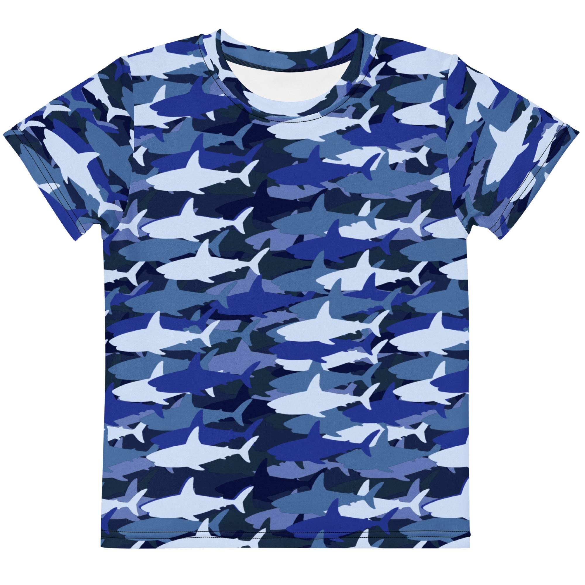 Kids blue shark t-shirt featuring a blue and white shark camouflage pattern on a short-sleeved cotton fabric