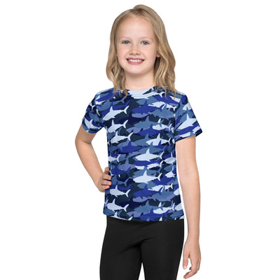 Kids blue shark t-shirt featuring blue and white shark camouflage short sleeves perfect for casual wear