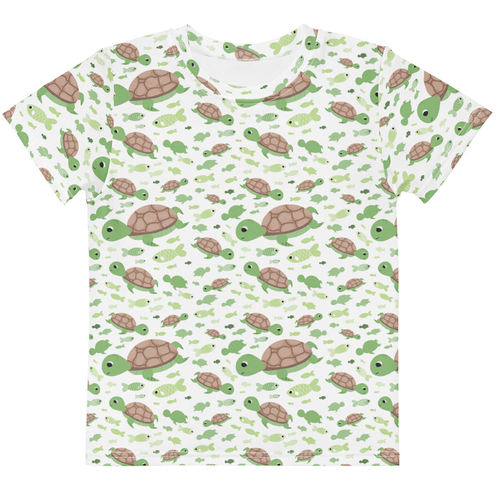 Kids green sea turtles t-shirt white short-sleeved cotton tee with playful green and brown cartoon turtle print