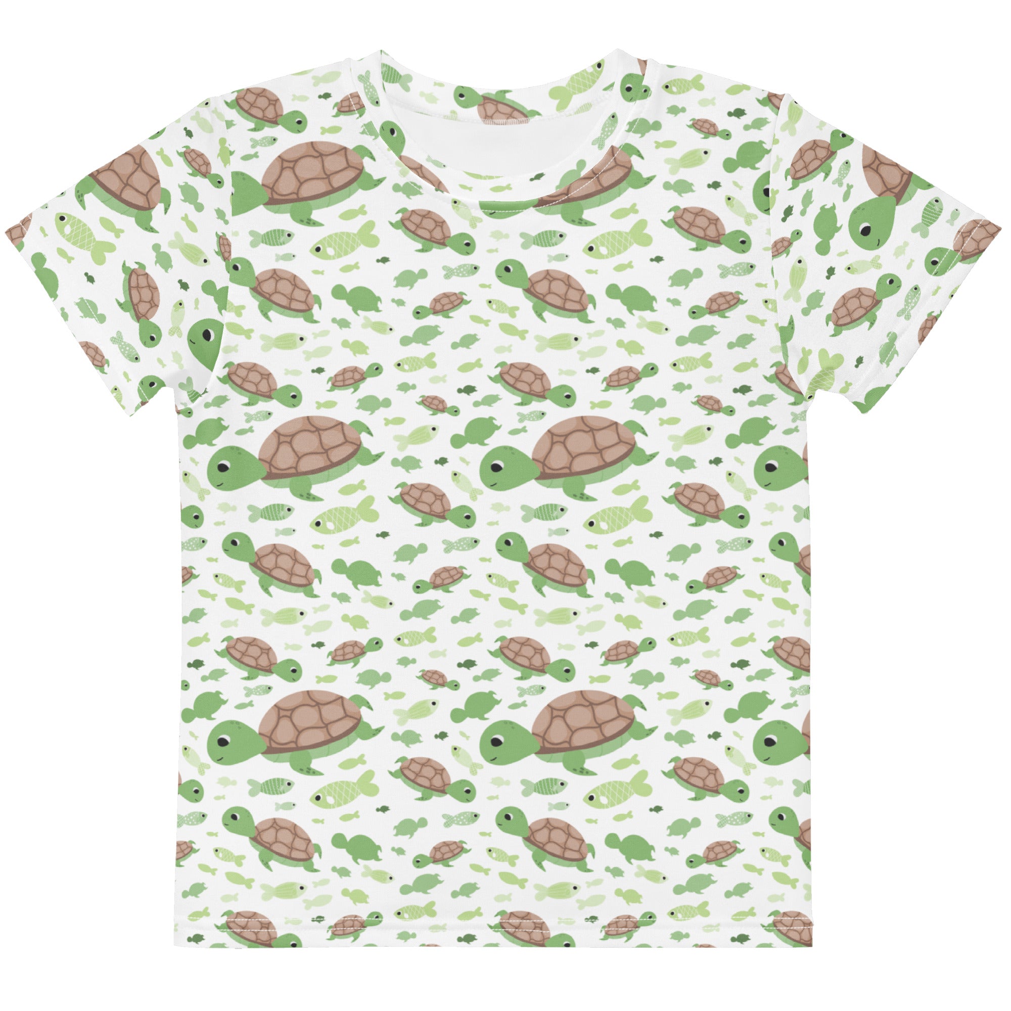 Kids green sea turtles t-shirt white short-sleeved cotton tee with playful green and brown cartoon turtle print