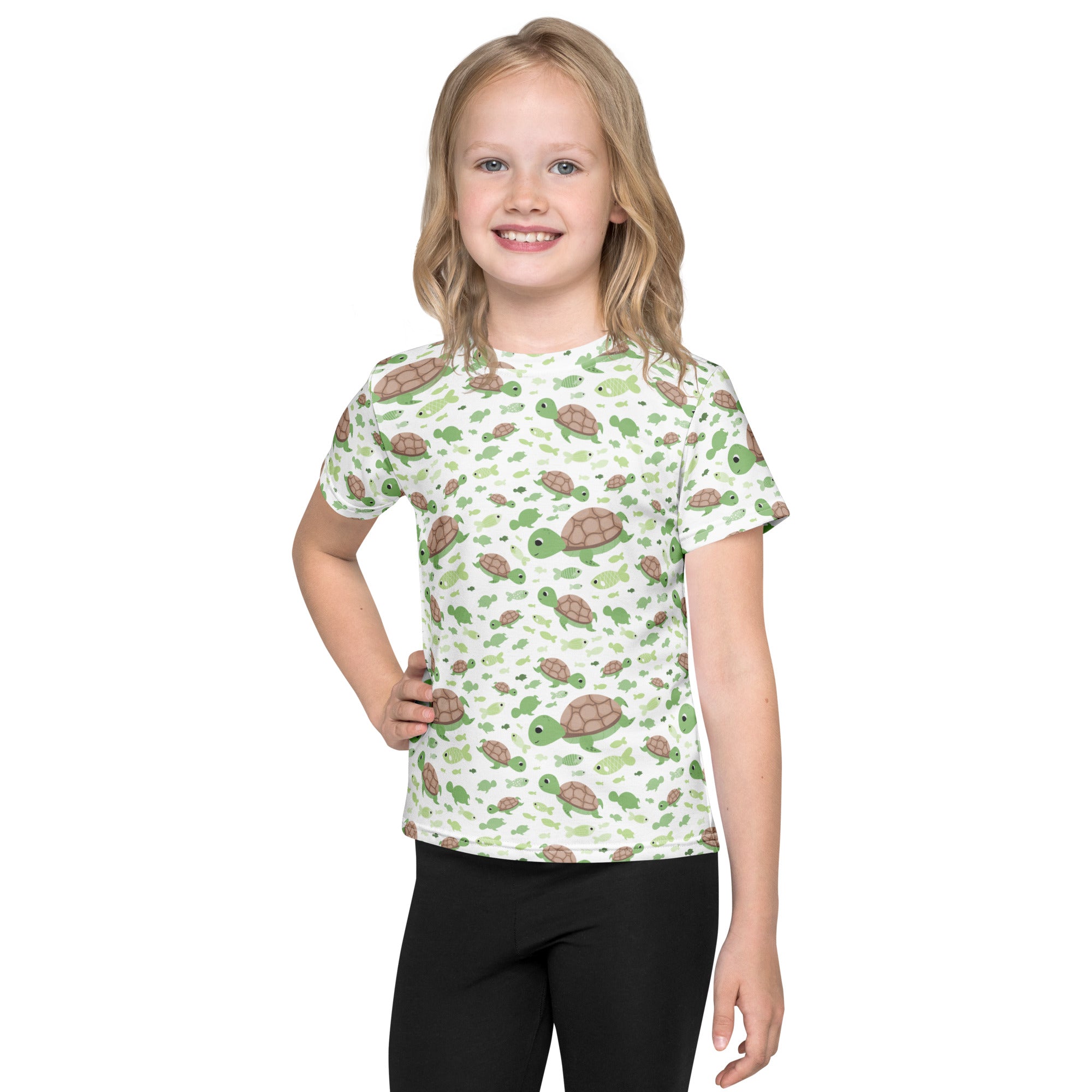 Kids green sea turtles t-shirt featuring a white short-sleeved cotton tee with playful cartoon turtle print