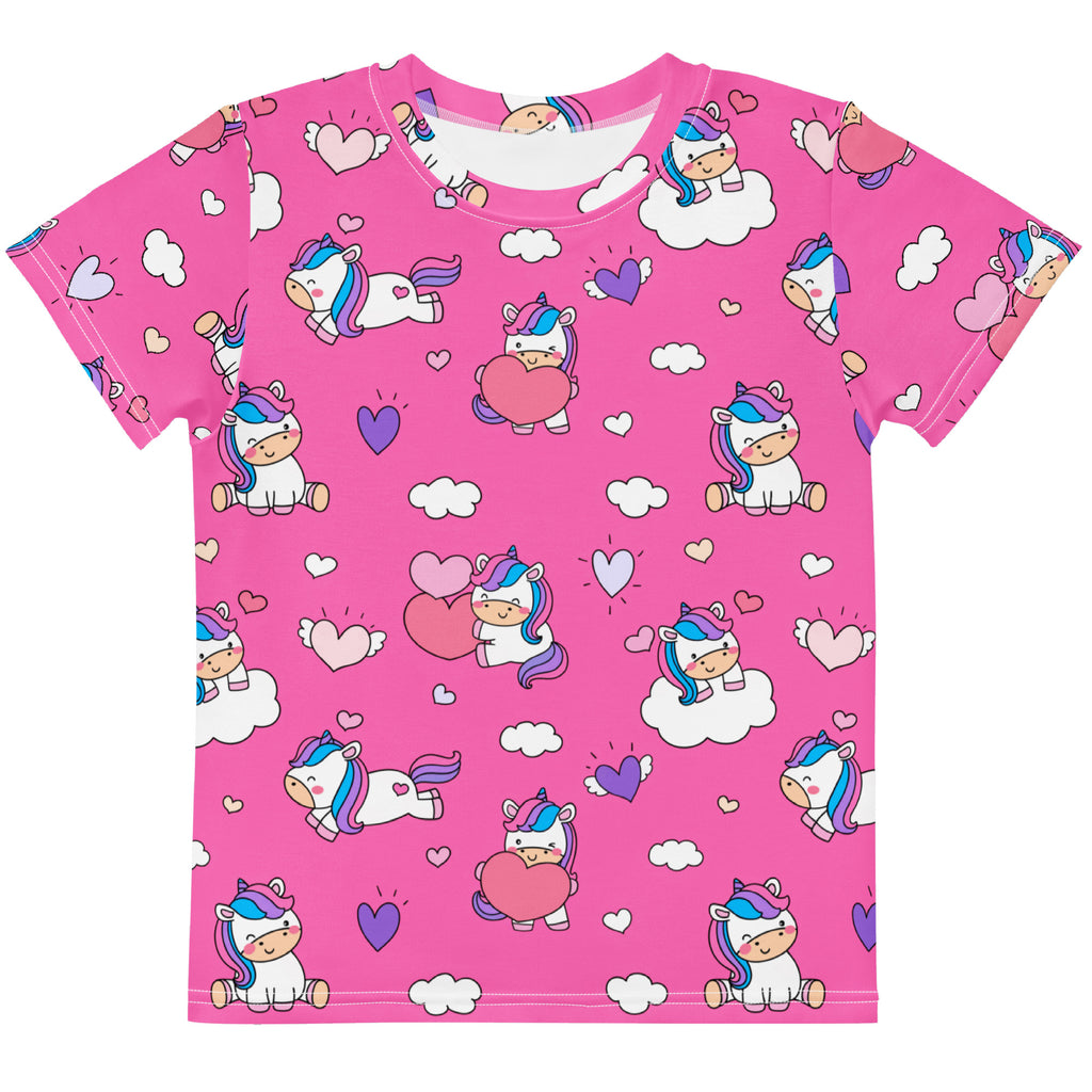 Girls pink short-sleeved t-shirt with playful all-over cartoon unicorns rainbow manes hearts and clouds print