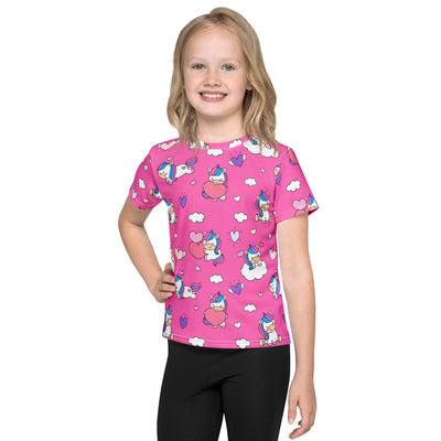Girls pink short-sleeved t-shirt with playful cartoon unicorn hearts and clouds pattern in white blue and purple
