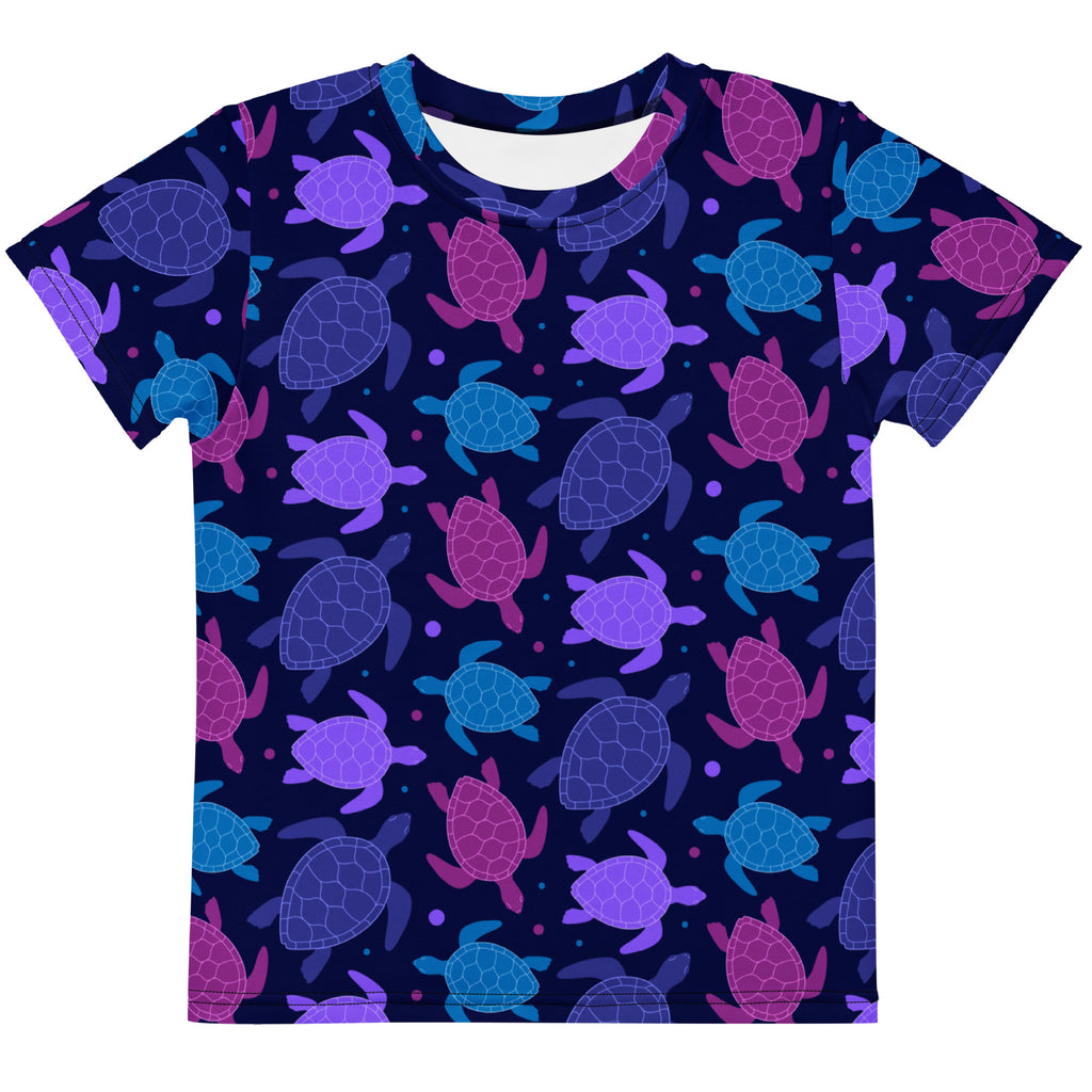 Girls purple sea turtle t-shirt navy blue short-sleeved with vibrant all-over sea turtle print in purple pink and teal