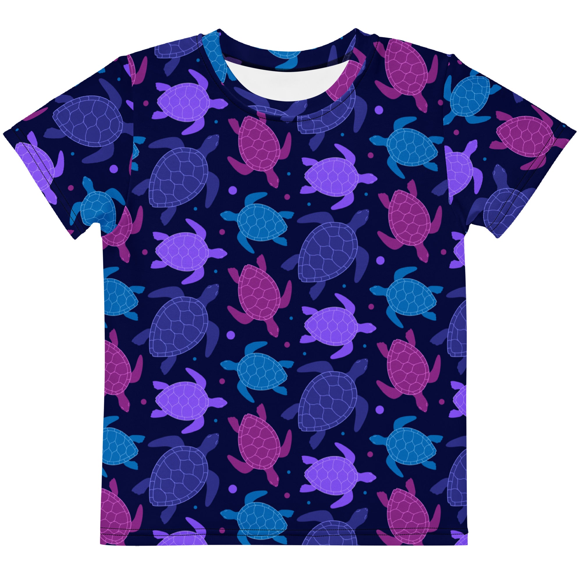Girls purple sea turtle t-shirt navy blue short-sleeved with vibrant all-over sea turtle print in purple pink and teal
