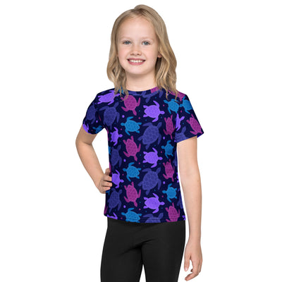 Girls purple sea turtle t-shirt with short sleeves in navy blue featuring a vibrant sea turtle pattern in purple teal and pink