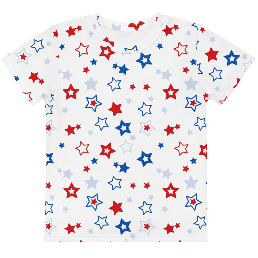 Kids red white and blue stars t-shirt featuring a white base with vibrant red blue and light gray star patterns