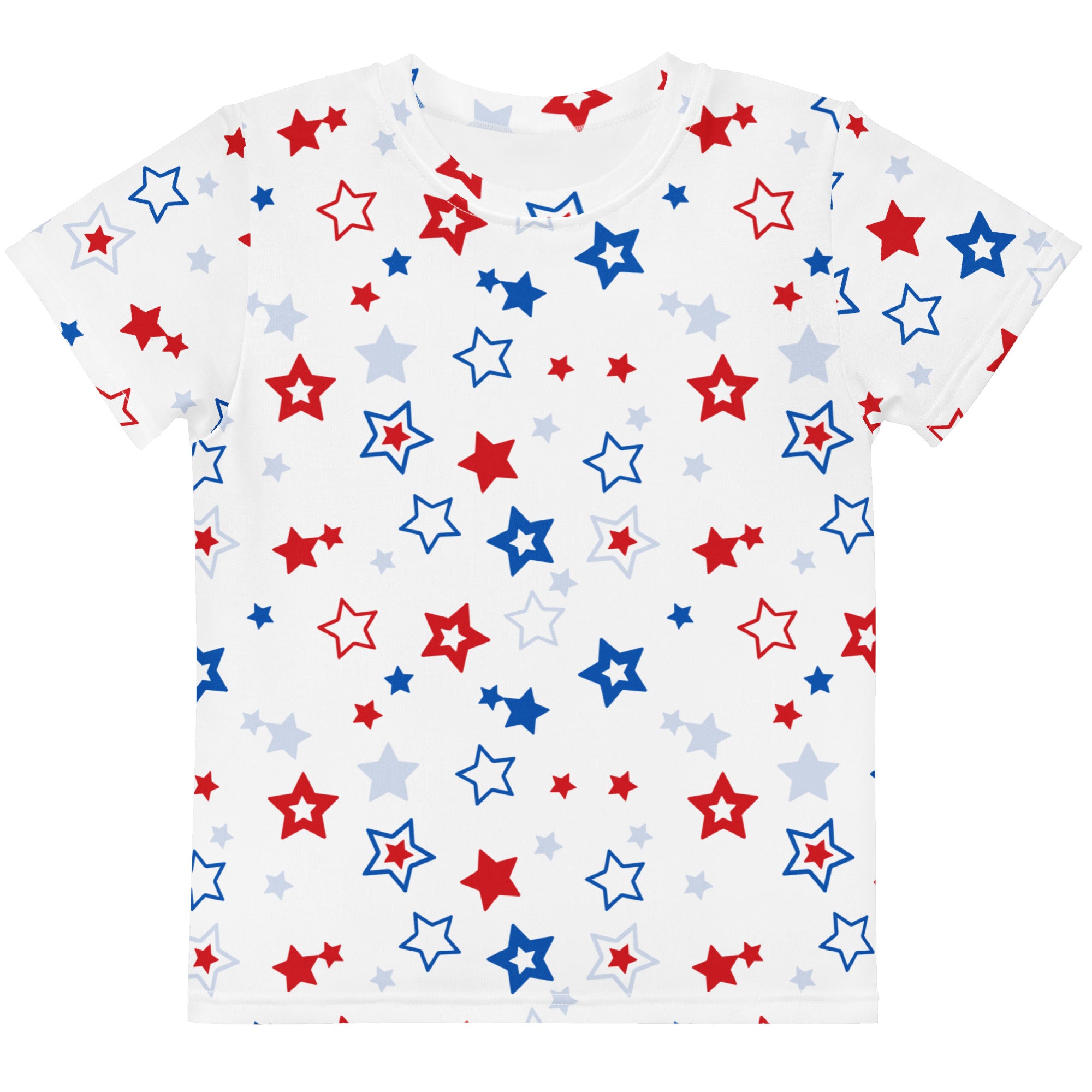 Kids red white and blue stars t-shirt featuring a white base with vibrant red blue and light gray star patterns