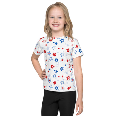 White kids short-sleeved t-shirt with playful red blue and silver star pattern for casual wear