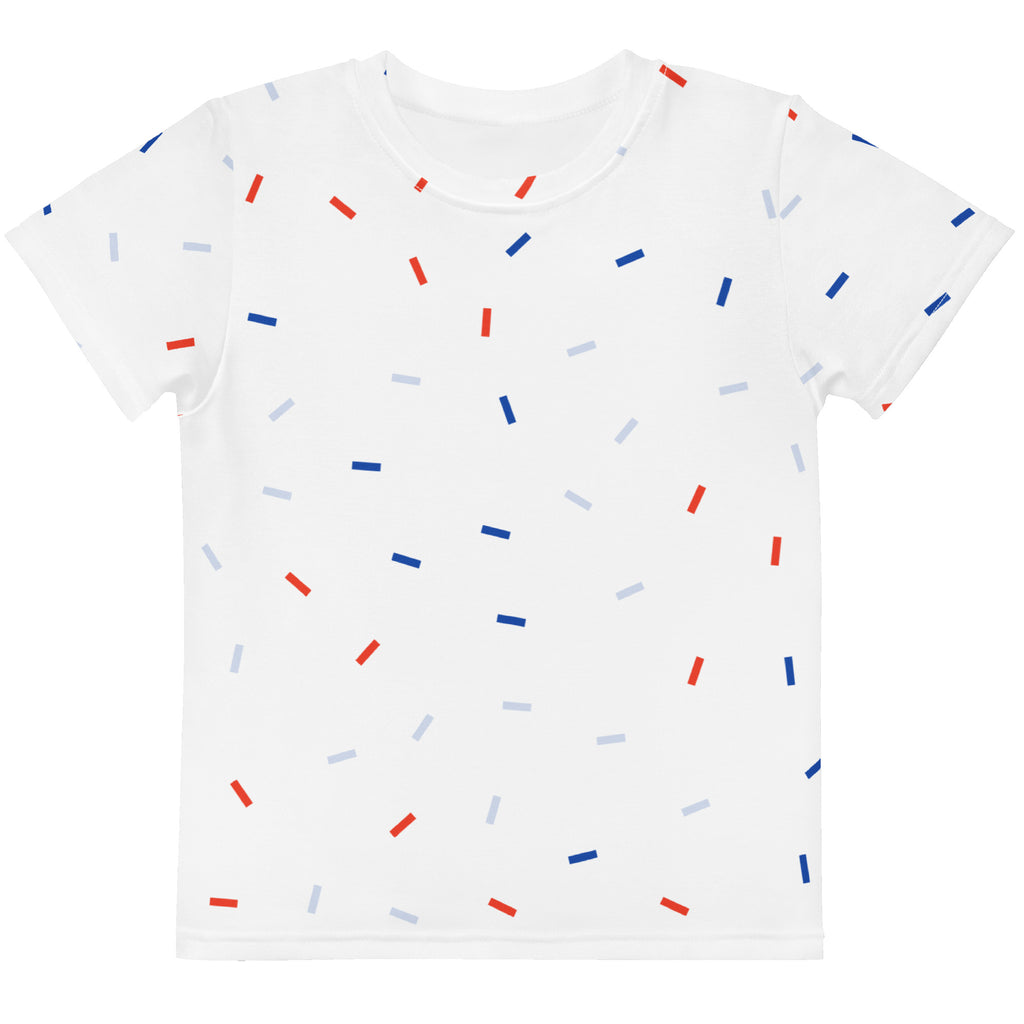 Kids red white and blue sprinkles t shirt white short sleeved with playful red blue and gray rectangular stripes pattern