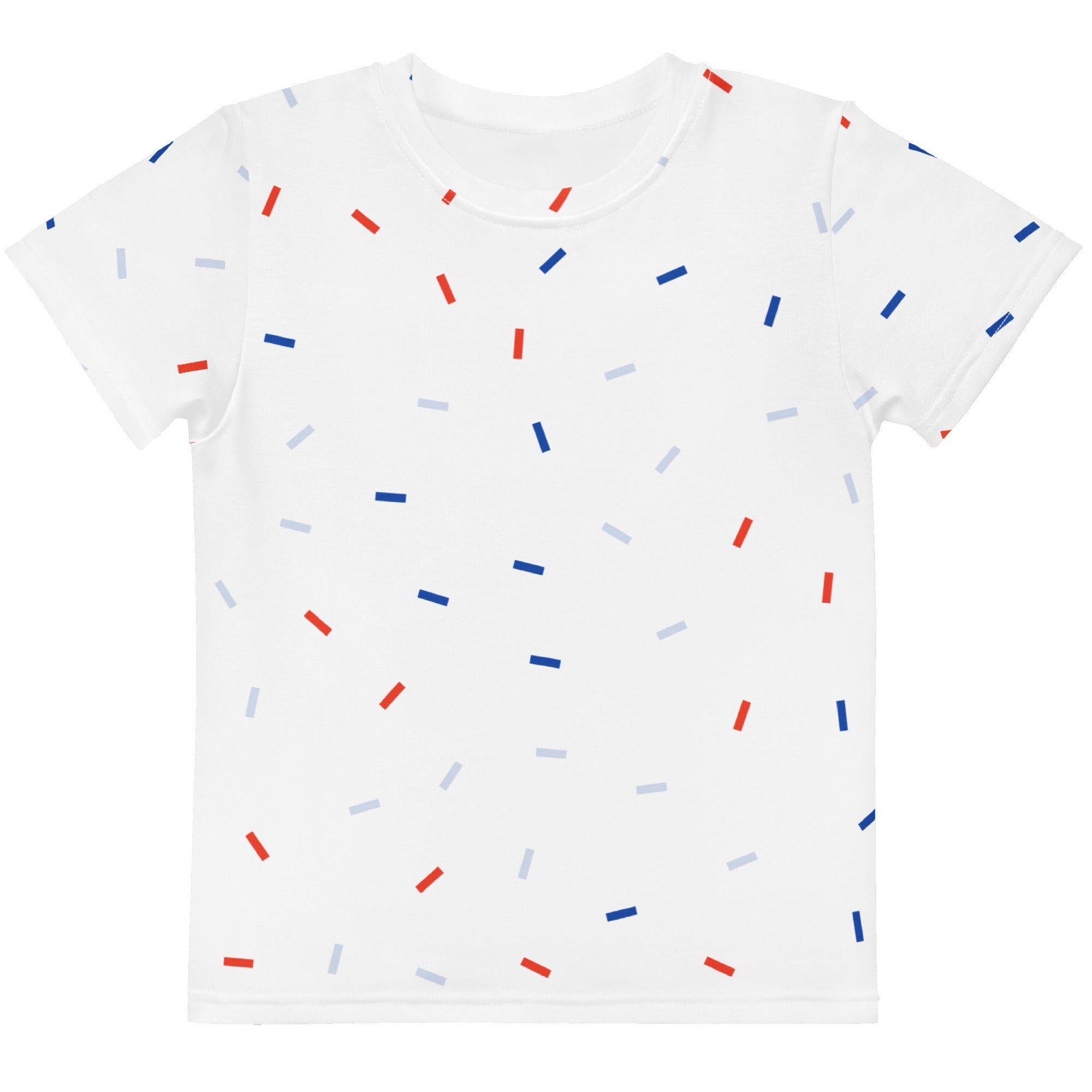 Kids red white and blue sprinkles t shirt white short sleeved with playful red blue and gray rectangular stripes pattern
