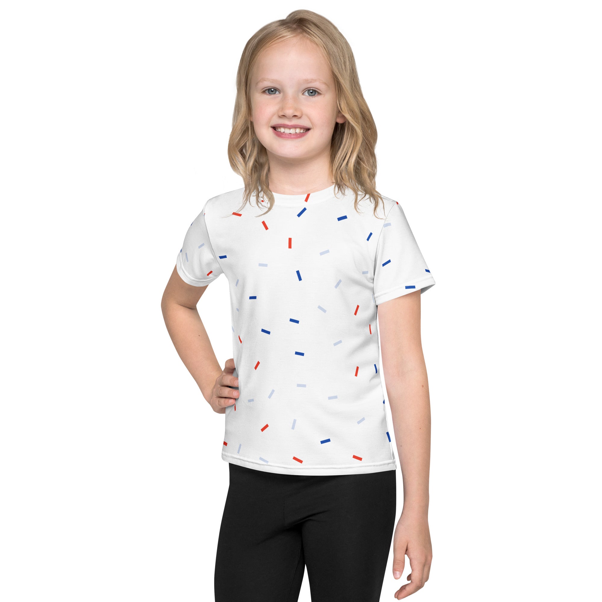 Kids red white and blue sprinkles t-shirt white short-sleeved cotton shirt with red blue and gray confetti stripes pattern