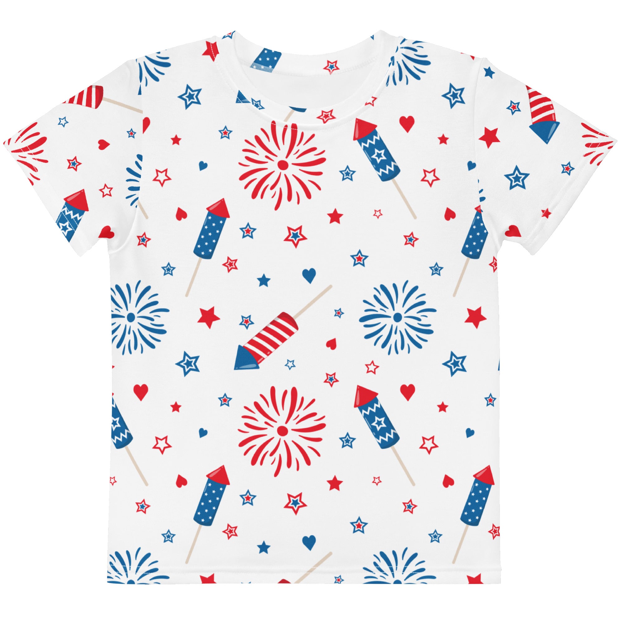 Kids fireworks and rockets t-shirt white cotton with vibrant red white and blue fireworks pattern featuring rockets stars and hearts
