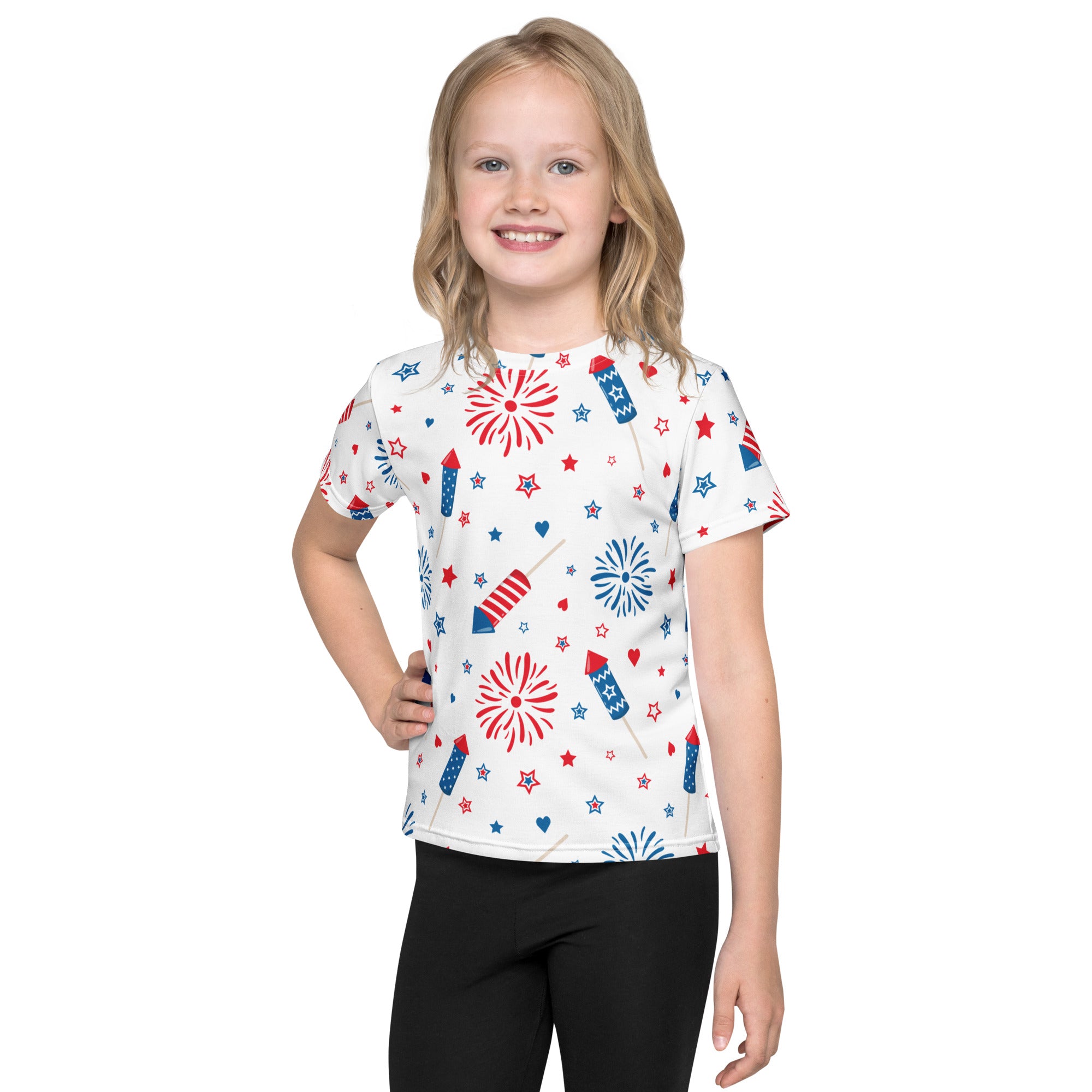 White kids short-sleeved t-shirt with playful red and blue fireworks rockets stars and hearts pattern