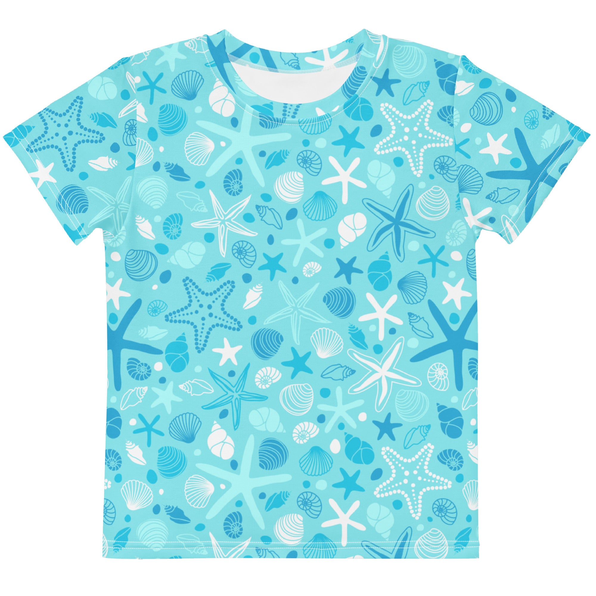 Kids ocean starfish t shirt light blue short sleeve with vibrant blue and white starfish and seashell print