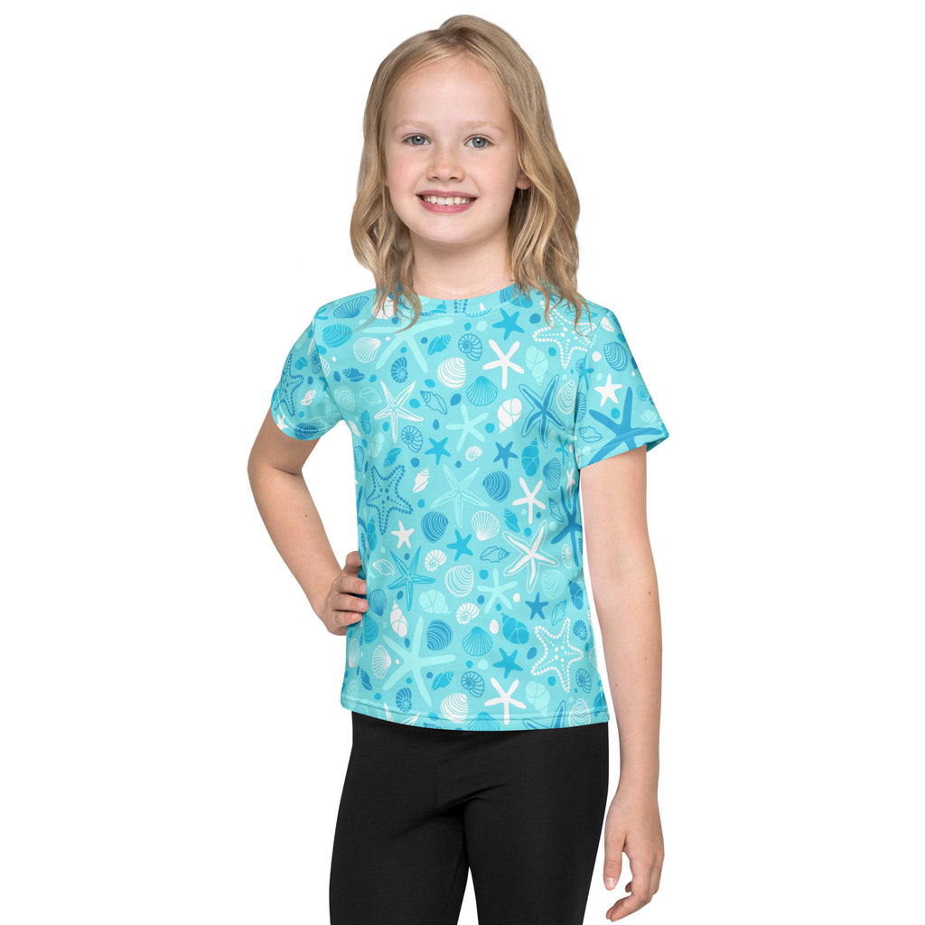 Kids ocean starfish t-shirt turquoise short-sleeved with playful white and dark blue starfish and seashell patterns