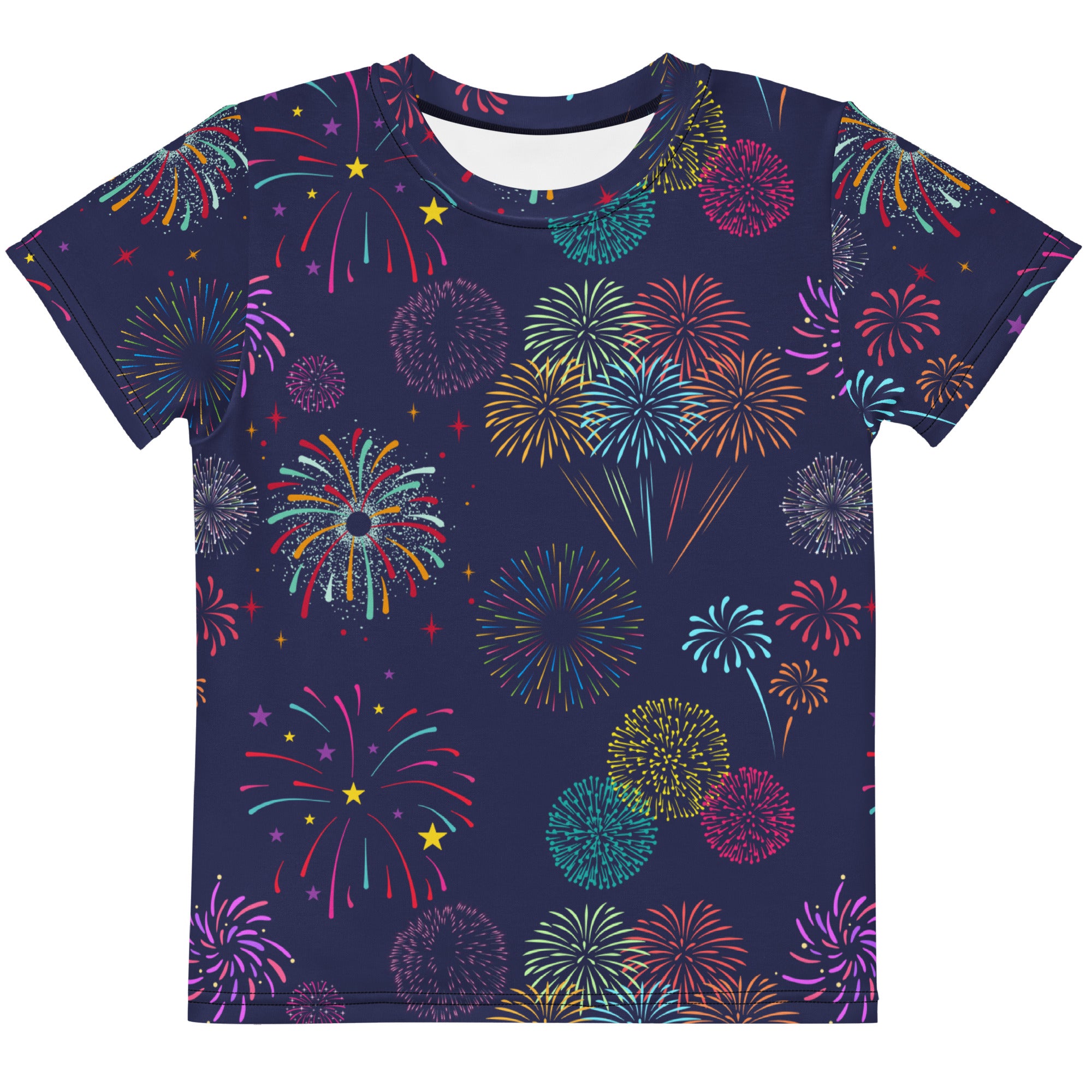 Kids colorful fireworks navy blue short-sleeved t-shirt with vibrant pink teal yellow and orange all-over firework print