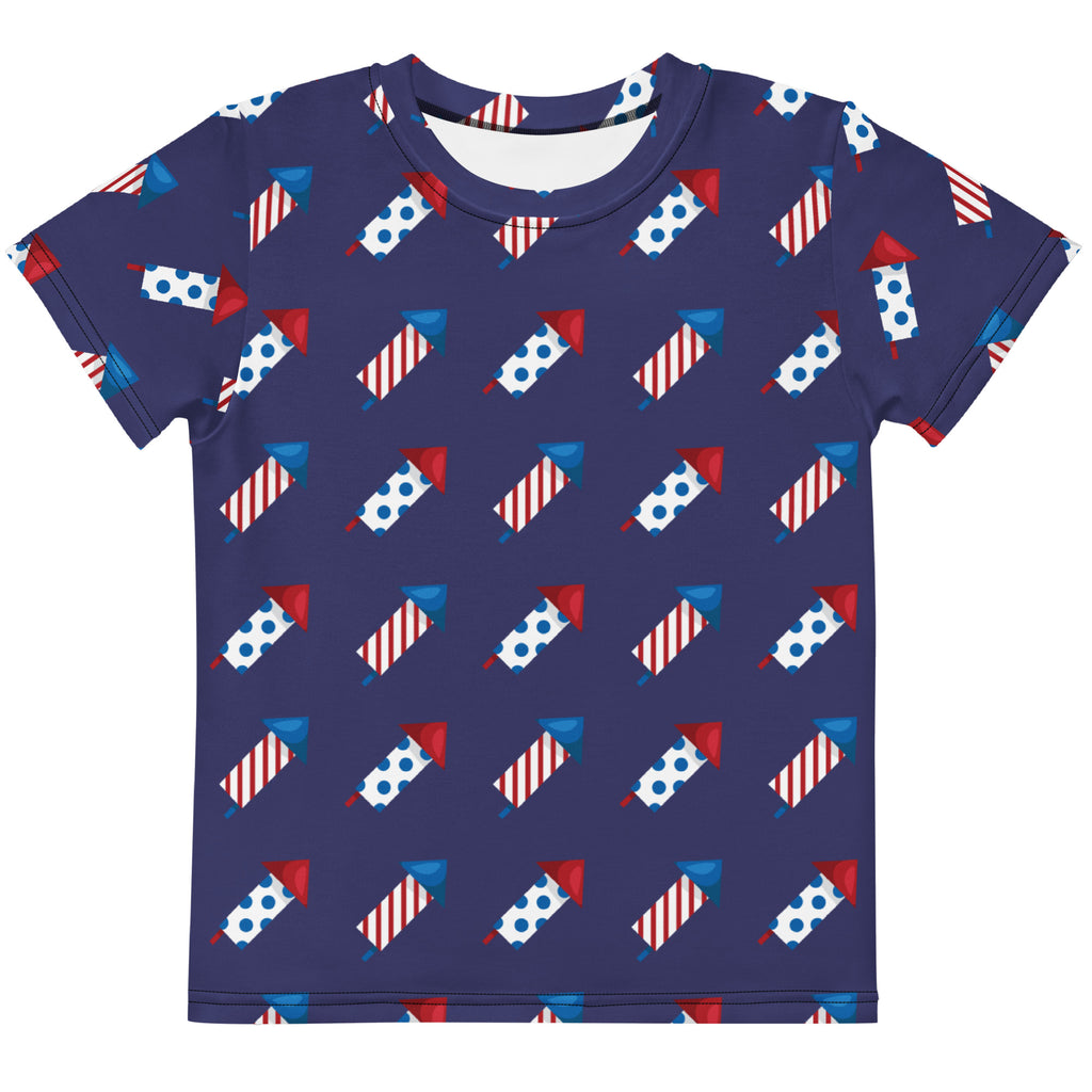 Kids firework rockets t-shirt in navy blue short sleeves with a red white and blue fireworks repeating pattern