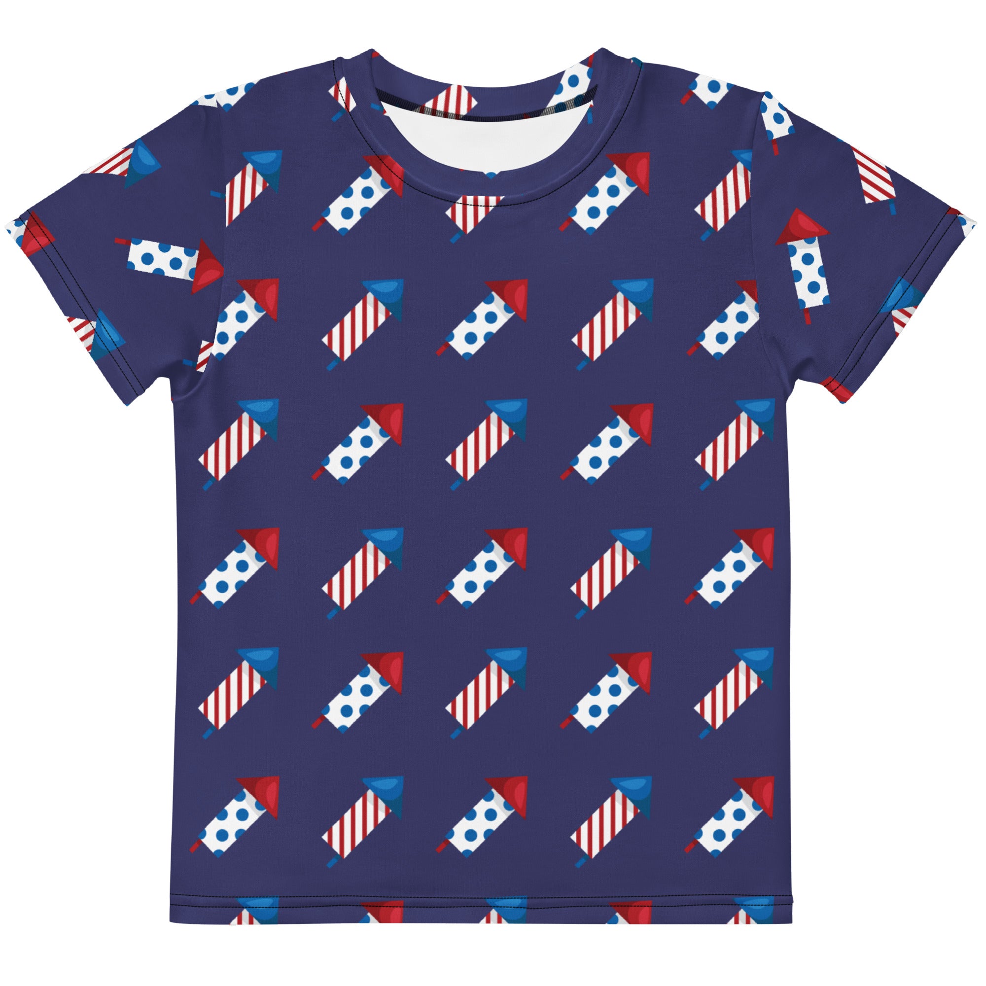 Kids firework rockets t-shirt in navy blue short sleeves with a red white and blue fireworks repeating pattern