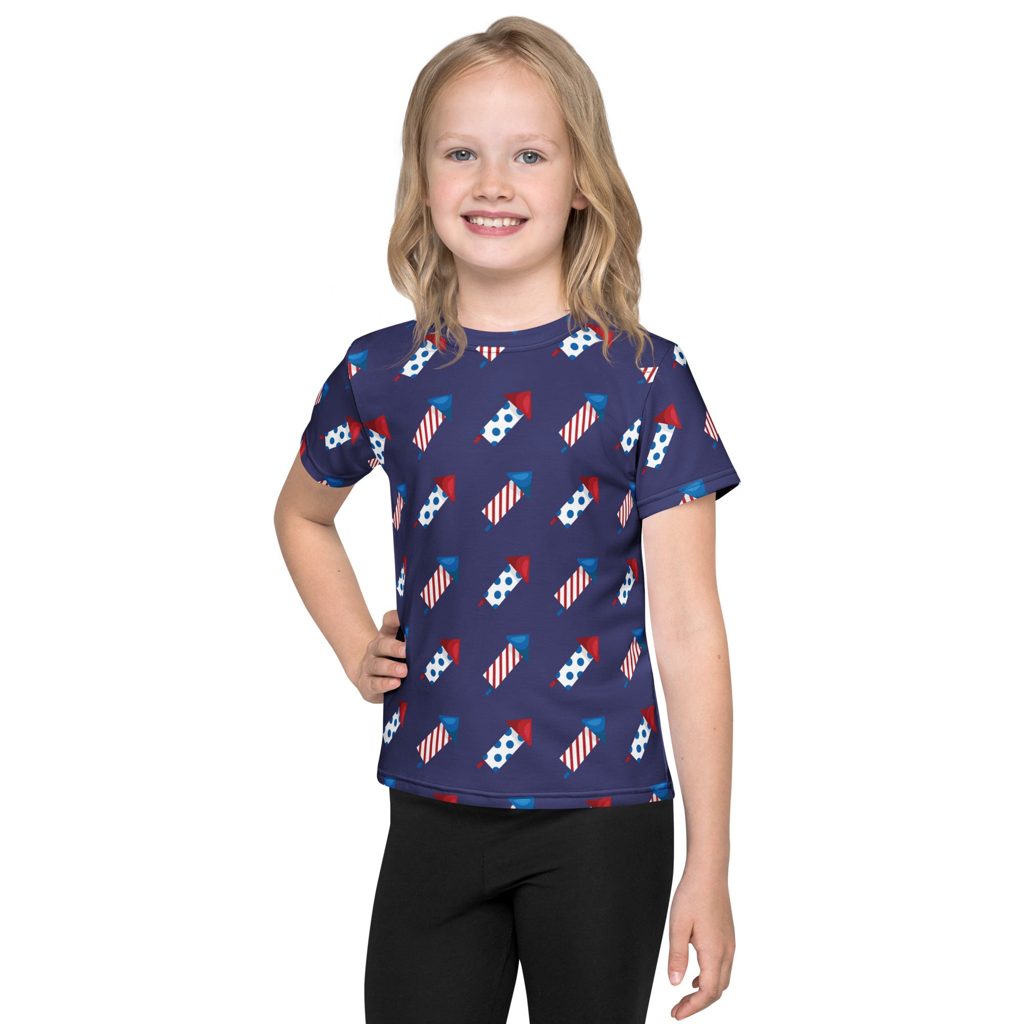 Navy blue kids short-sleeved t-shirt with red white and blue firework rockets pattern perfect for festive wear