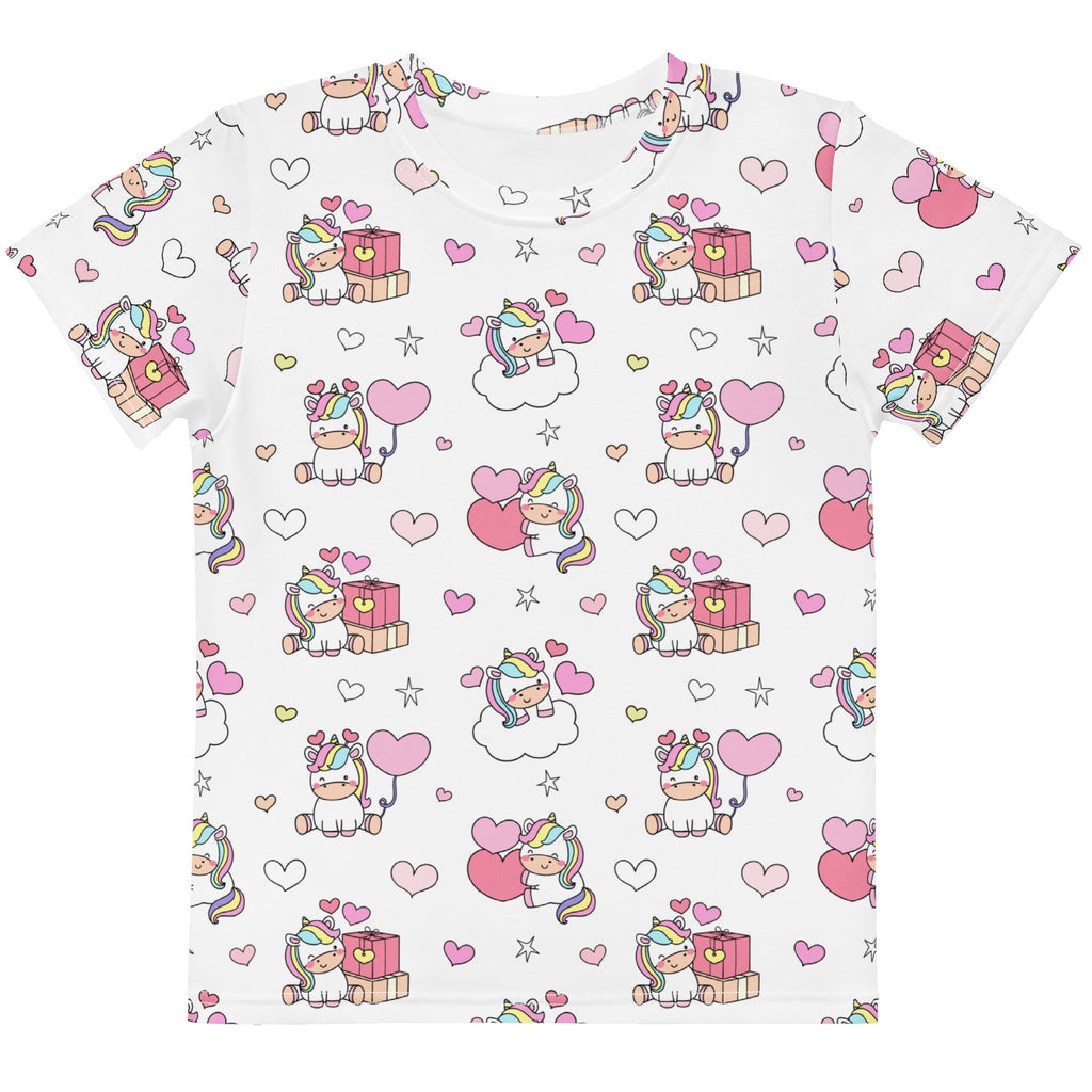 White girls unicorn birthday t-shirt with playful pastel rainbow cartoon unicorn print and pink hearts stars gift boxes