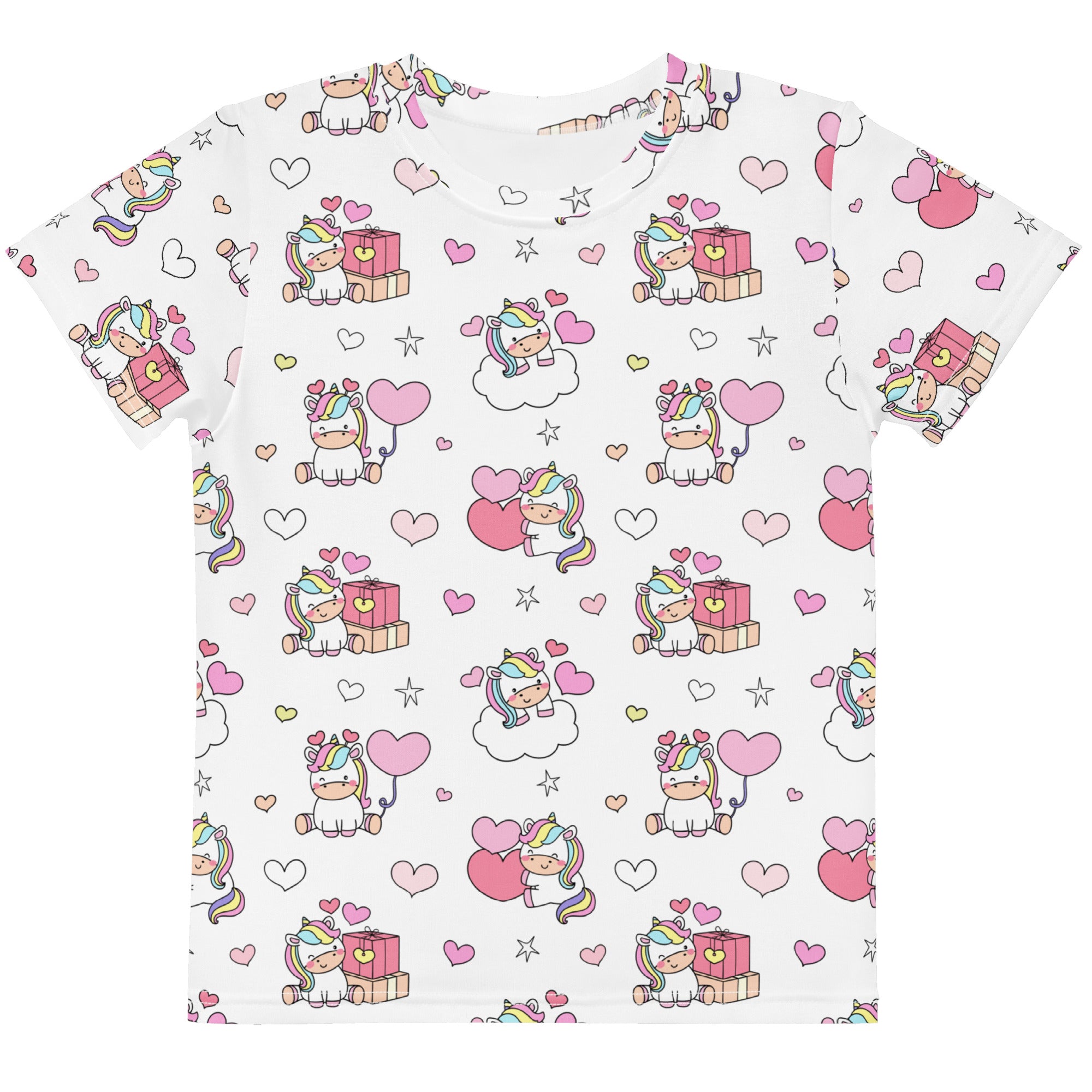 White girls unicorn birthday t-shirt with playful pastel rainbow cartoon unicorn print and pink hearts stars gift boxes