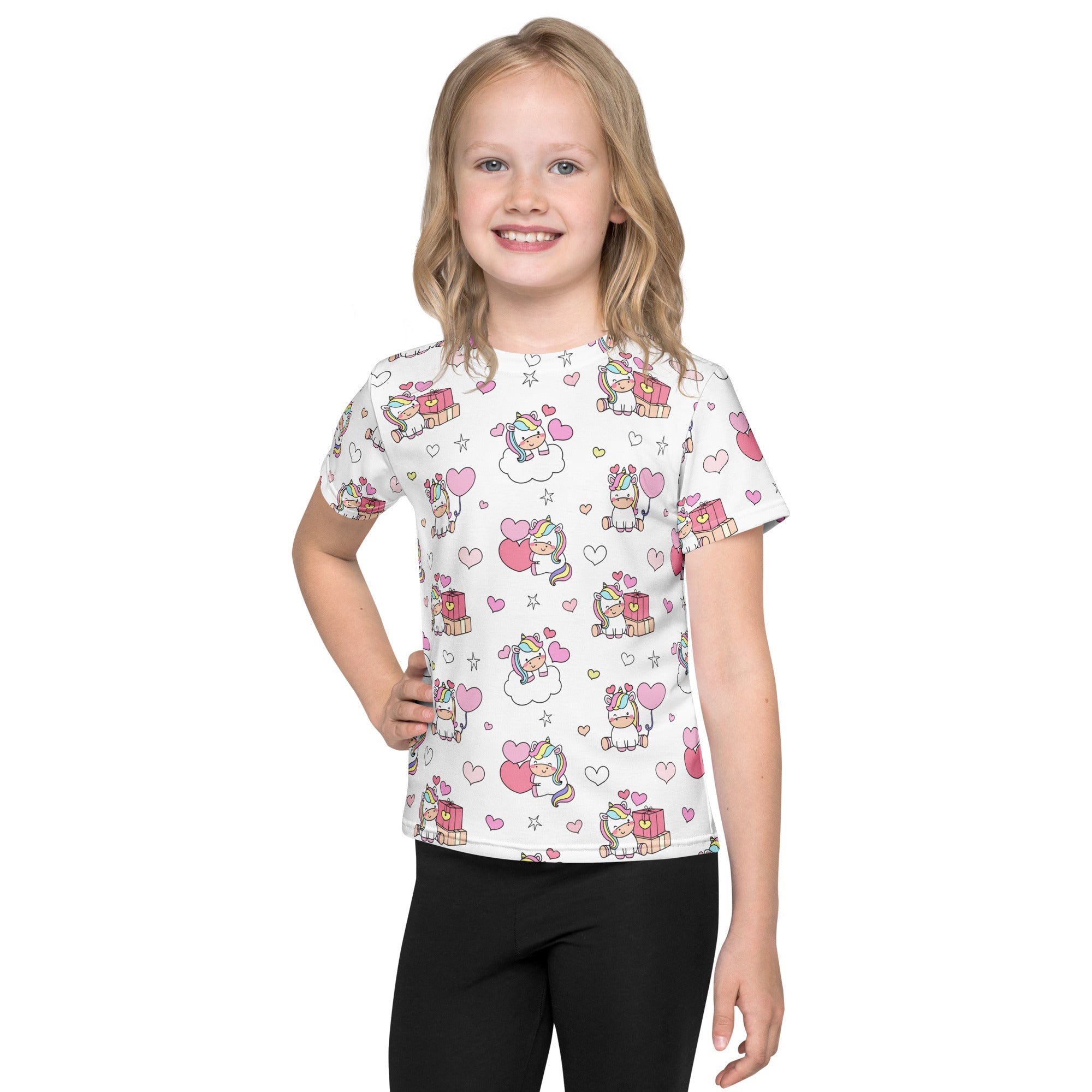 White girls unicorn birthday t-shirt with short sleeves featuring cartoon unicorns pink hearts and stars pattern