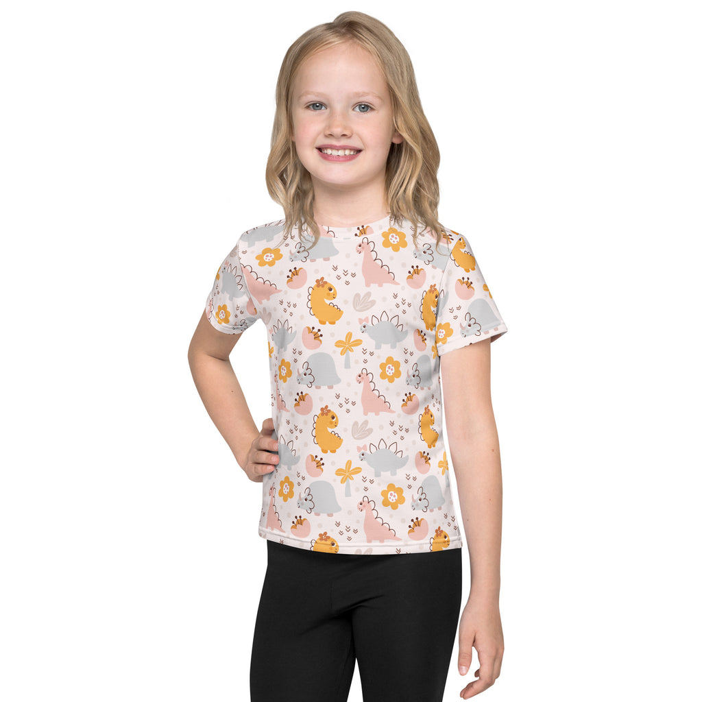 Girls floral dinosaur t-shirt in off-white with playful yellow pink and gray cartoon dinosaur and flower pattern