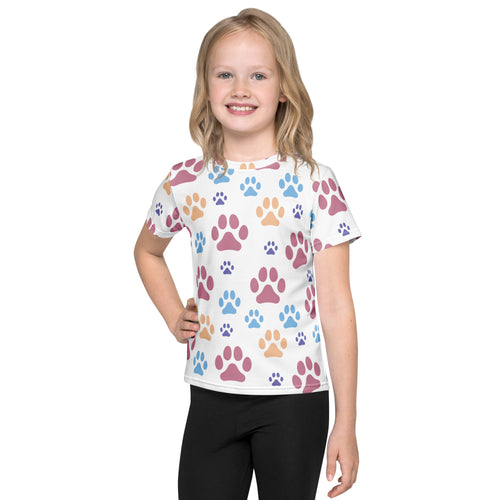 Girls colorful paw prints t-shirt white short-sleeved with playful multicolored paw print pattern in pink blue and orange