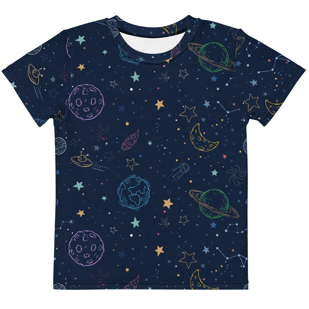 Kids colorful galaxy t-shirt navy blue short sleeve with vibrant pastel space-themed planets stars moons and constellations
